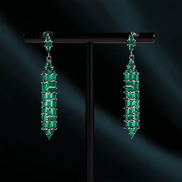 Emerald Diamonds Gemstone Tassel Drop Dangle Earrings 2