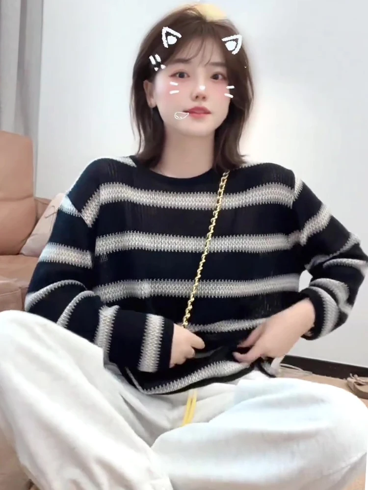 Ранняя осень тонкий вязаный топ в полоску с длинными рукавами женский