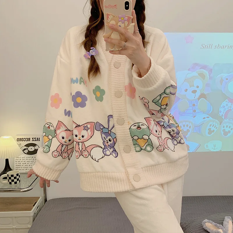 Autumn Winter Women Warm Flannel V-Neck Cardigan Sweet Pajamas Suit Long-Sleeved Trousers Set Cute Soft Home Wear Fleece Clothes