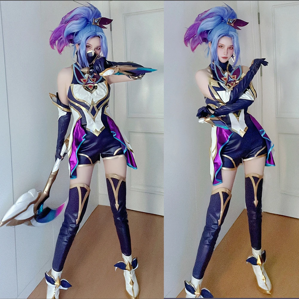 Фото Игра LOL Star Guardian Akali Косплей Костюм Платье из искусственной кожи Парик Сапоги по индивидуальному заказу Обувь Женская карнавальная форма для Хэллоуина №2