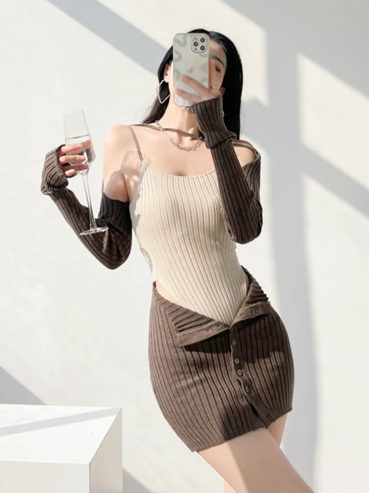 

Female Korean Cool Streetwear Sweet Spice Girl Elegant Sexy Backless Hollow Out Two-piece Wool Knitted Mini Dress Y739