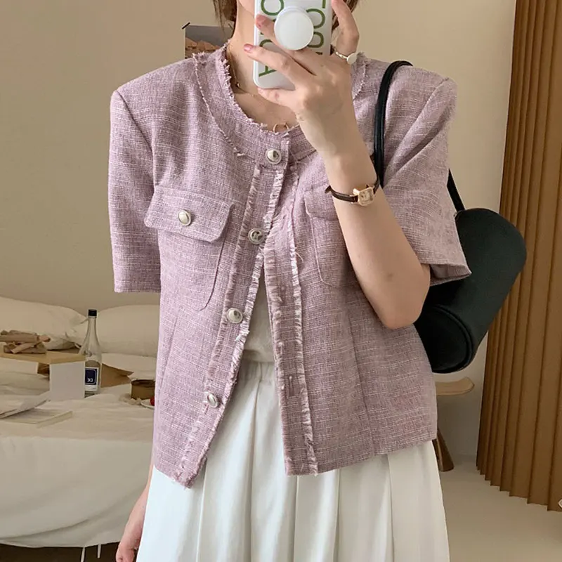 

Summer Elegant Short-sleeved Jacket Gentle Purple Round Neck Fringed Raw Edge Single-breasted Pocket Design Tweed Short Coat