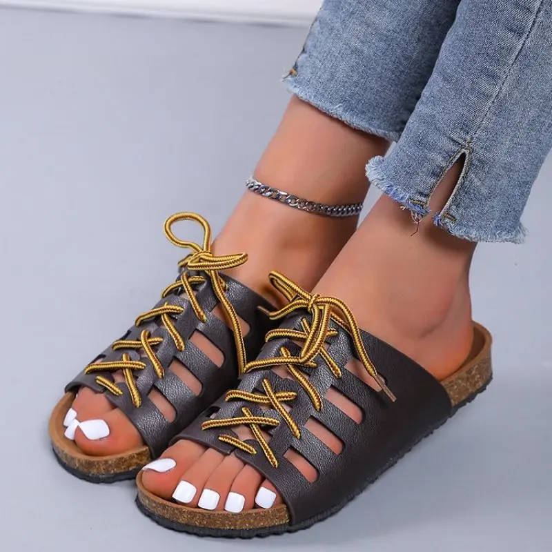 

Large Size Women's Slippers Cross Strap Summer European and American Leisure Thick Soled Roman Shoes Flat Heel Beach Sandals