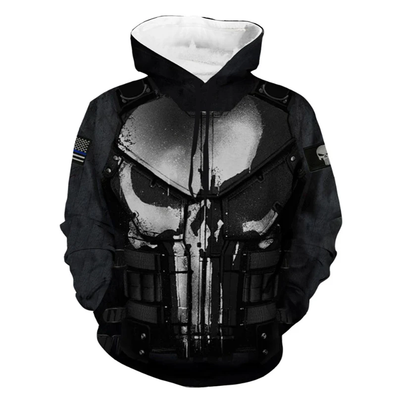 

2022 nova moda punisher impressão 3d moletom com capuz casual com capuz dos homens hip hop streetwear masculino pulôver m