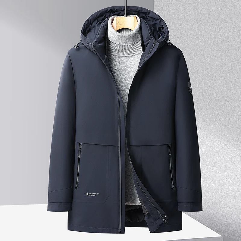 2022 Winter Men Smart Casual Hooded Puffer Parkas Black Grey Navy Blue Puff Lining And Hood Detacable Design Thermal Overcoat