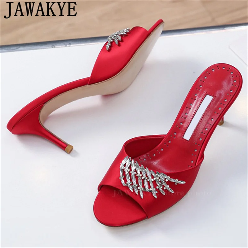 Шлепанцы женские атласные на тонком высоком каблуке роскошные дизайнерские мюли