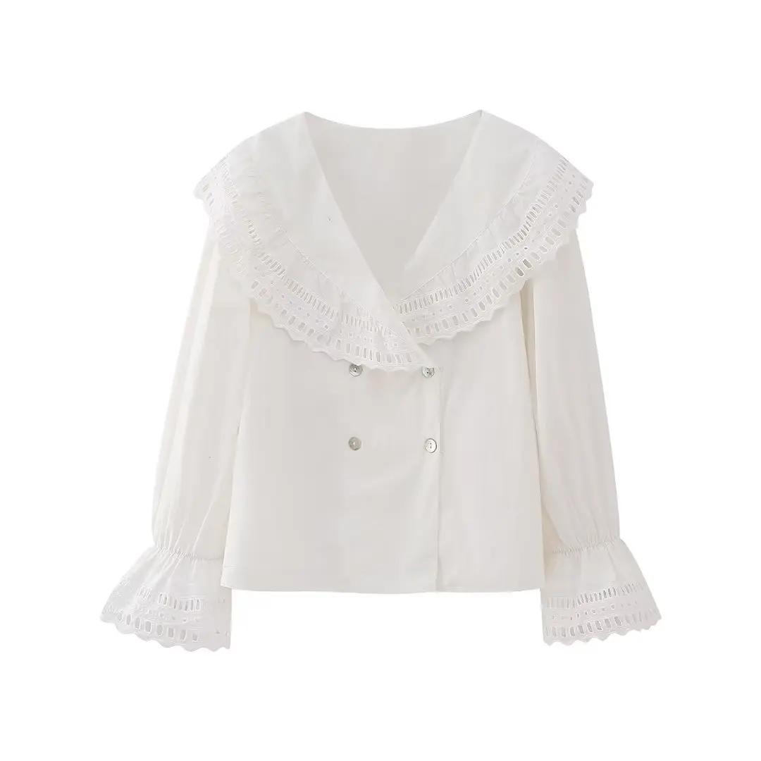 

Women 2023 New Fashion Lotus Leaf Lapel Embroidery Blouses Vintage Long Sleeve Button-up Female Shirts Chic Tops