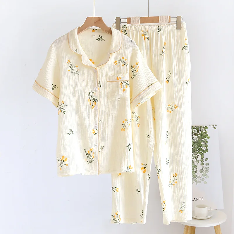 

Summer Cotton Floral Printed Trouser Pajamas Suit Women's Short-Sleeved Trousers Pajamas Suit Cotton Home Wear Kawaii Clothes