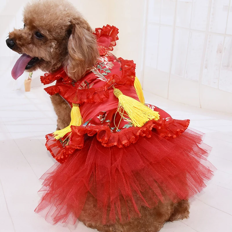 

2022 Pet Clothes Winter Dog Wedding Dress Silk Cotton Lace Chinese Tang Suit for Dog S-XXL Pet Dress Yorkie Corgi Teddy Clothing