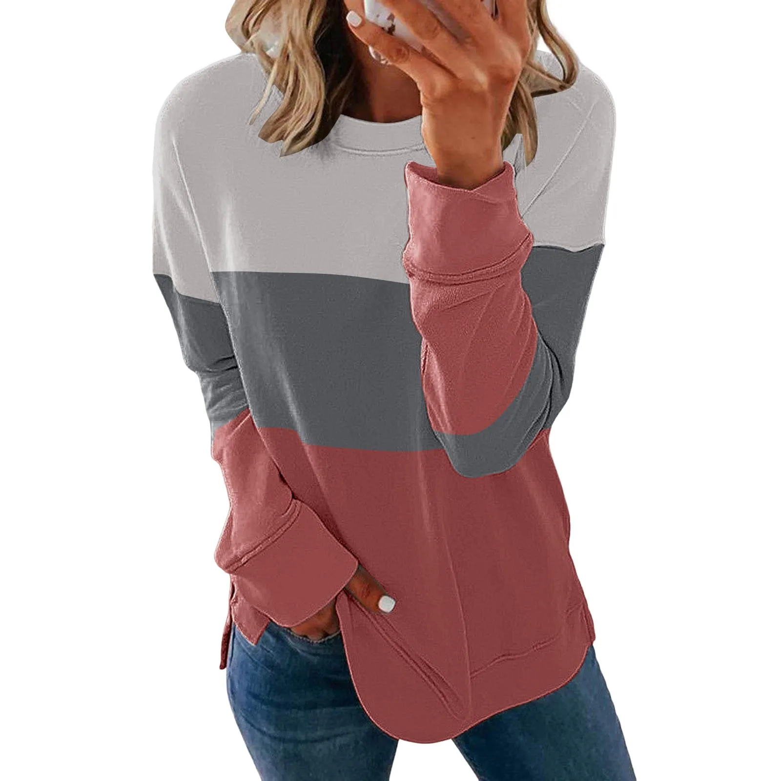 

Женский пуловер с круглым вырезом, длинным рукавом и разрезом