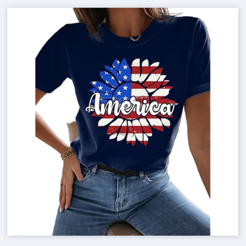 

American Flag 3D Women's Striped Stars Print Crew Neck T-Shirt Sexy American Flag Women's New Fashion T-Shirt