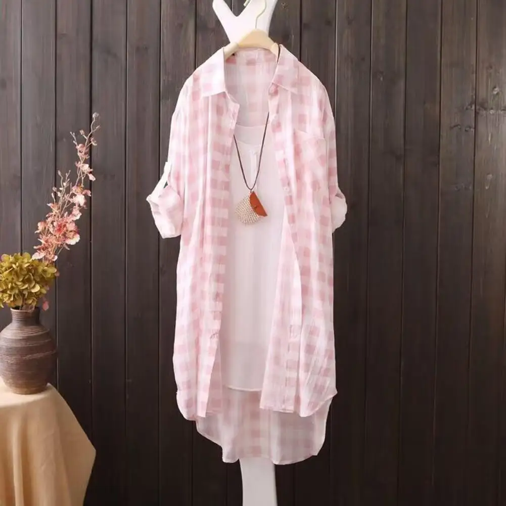 

Women Solid Color Shirt Stylish Korean Style Women's Plaid Print Long Shirt Irregular Hem Single-breasted Thin for Ladies