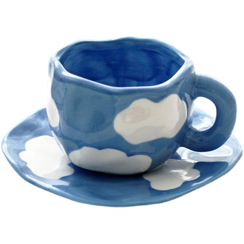 

Japanese Hand Painted The Blue Sky and White Clouds Coffee Cup With Saucer Ceramic Handmade Tea Cup Saucer Set Cute Gift For Her