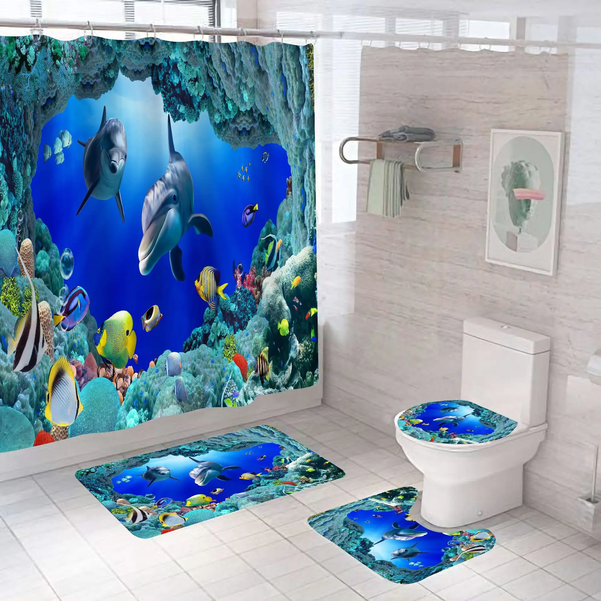 

Ocean Dolphin Bathroom Set Animal Waterproof Fabric Shower Curtains Sea Scenery Pedestal Rugs Flannel Toilet Cover Bath Mats