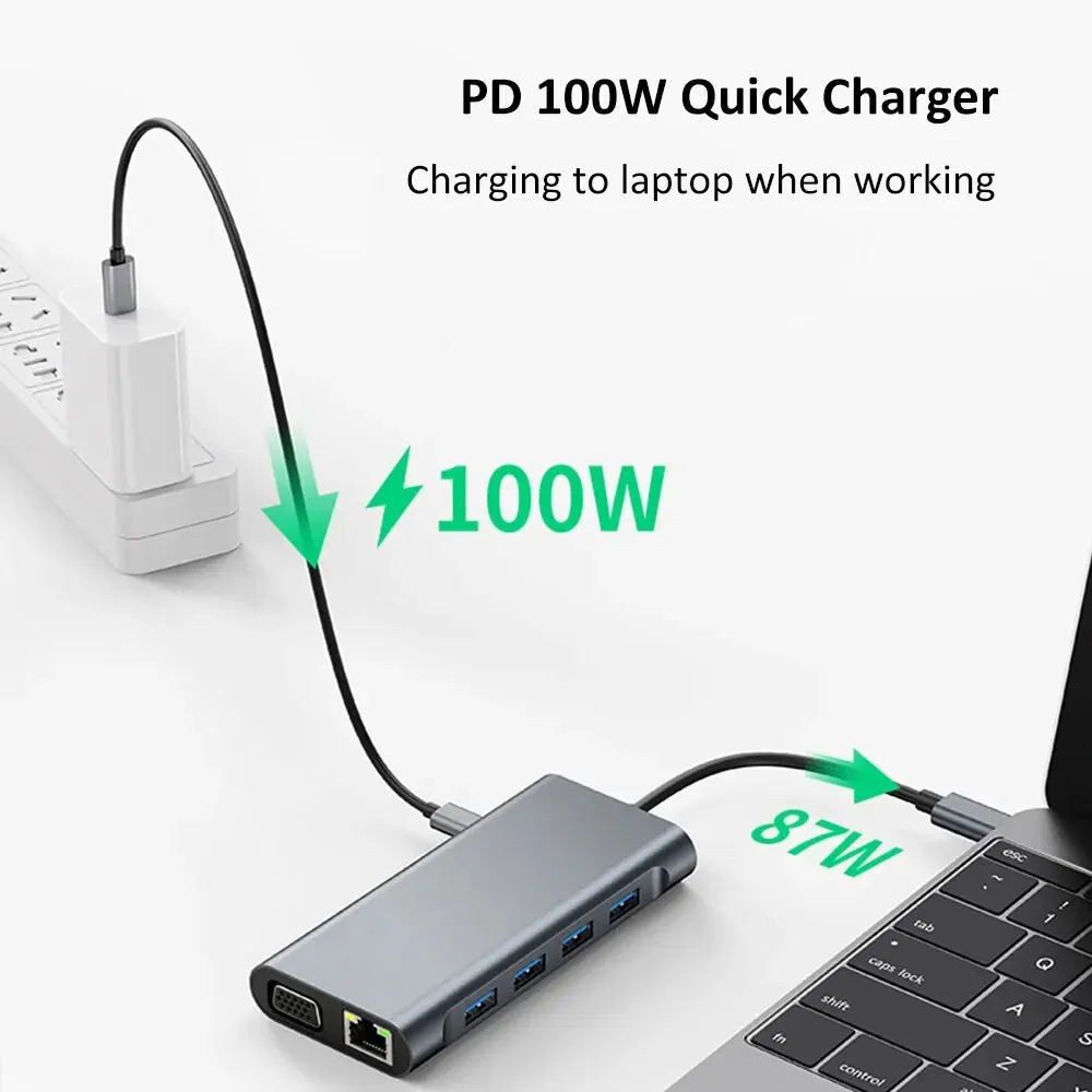 Фото Многофункциональная док-станция 11-в-1 с USB-C, 4K HDMI, Type-C 3.0, адаптером RJ45, концентратор для ноутбуков и аксессуаров №4