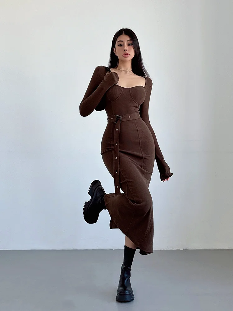 Женский квадратный корсет в рубчик с длинным рукавом и мягким поясом