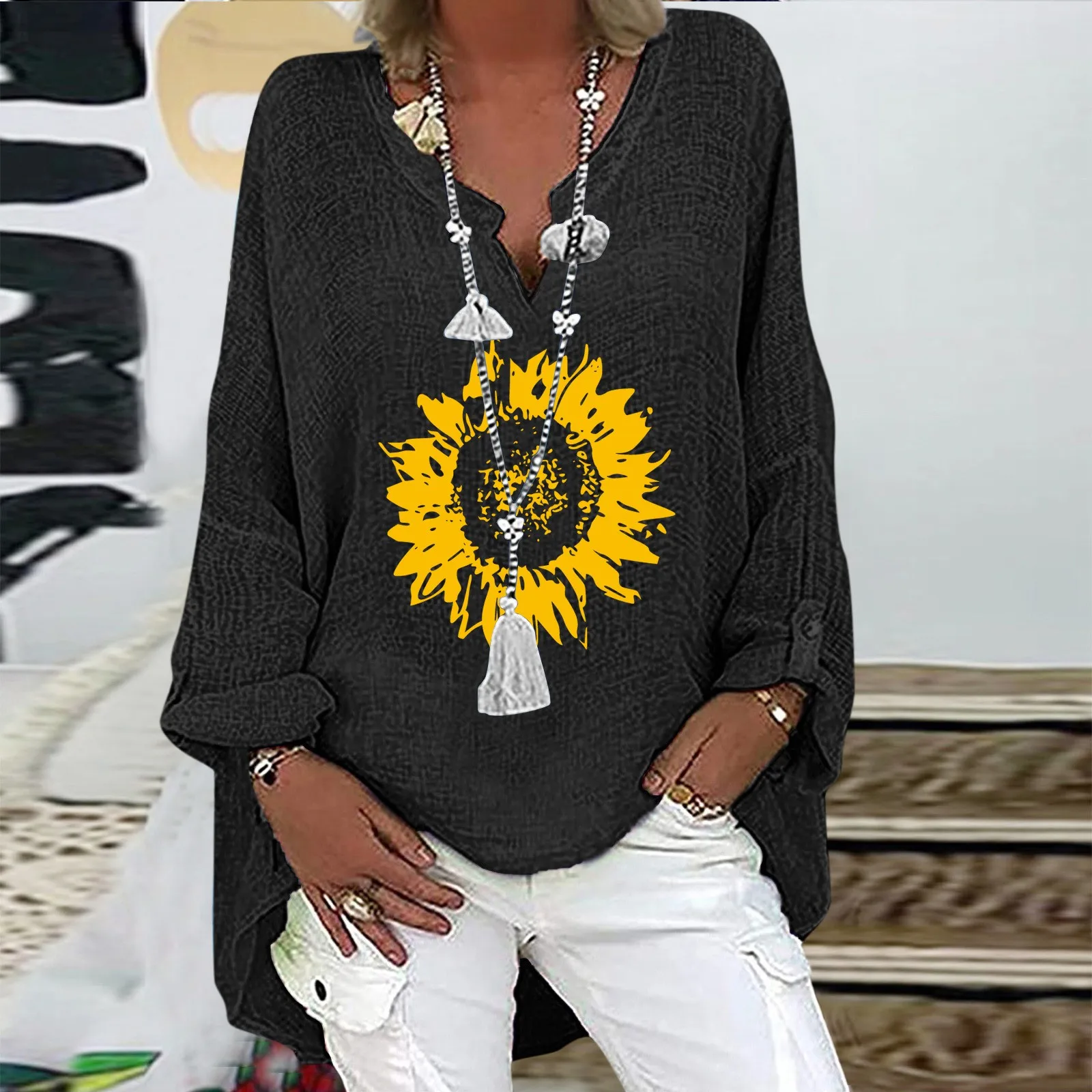 

Womens Blouse Long Sleeve V Neck Floral Print Irregular Hem Top Casual Long Shirts Linen Casual Loose Harajuku Vintage Clothes 4