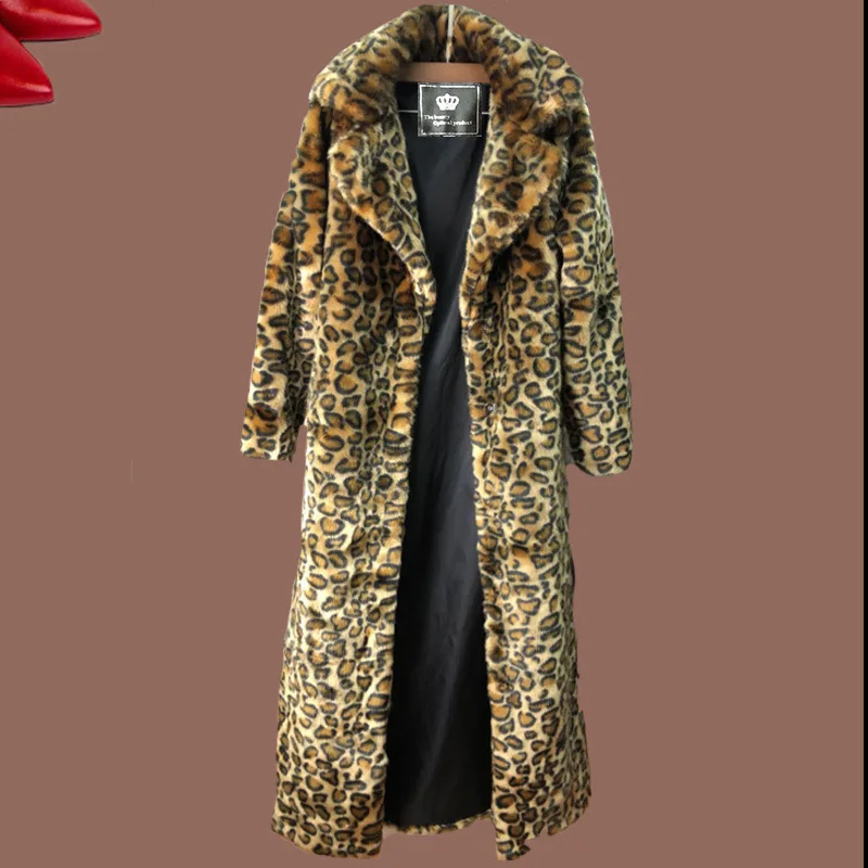 Womens Leopard Fur Coat Mink Coat Long Fashion Casual Coat Loose Warm Windbreaker Fur Coat Women