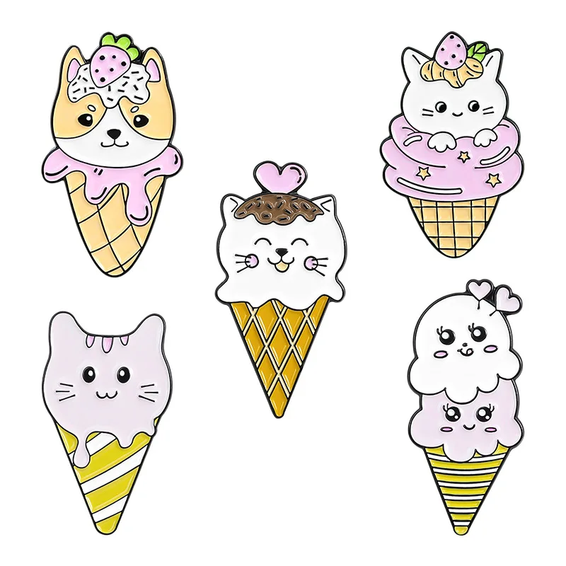 

Girl Cartoon Cat Ice Cream Pins Strawberry Love Cone Pins Backpack Anti-glare Button Corsage Lapel Pin
