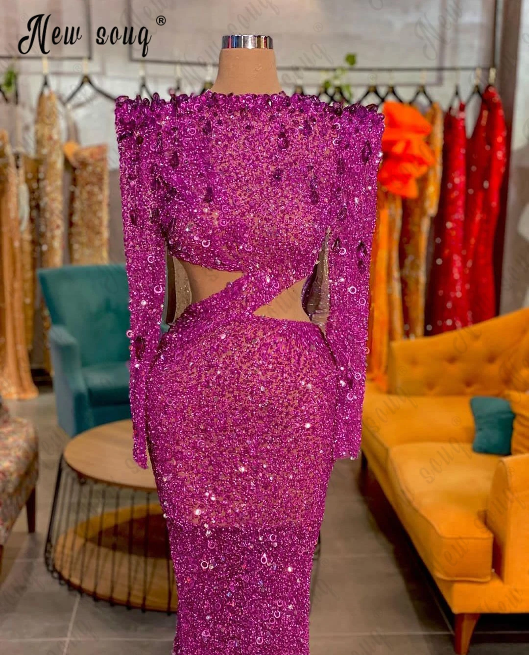 

Уникальный дизайн, ярко-розовое вечернее платье с бисером, прямое платье с длинными рукавами и вырезами на талии, платье для дня рождения, индивидуальный пошив