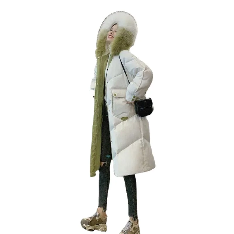 Color big fur collar down cotton-padded jacket women's winter long warm coat