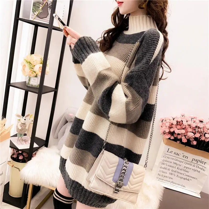 

New Long Sleeve Autumn Knitted Oversized Sweater Dress Women Fashion Winter Turtleneck Stripe Casual Knit Mini Dresses Homewear