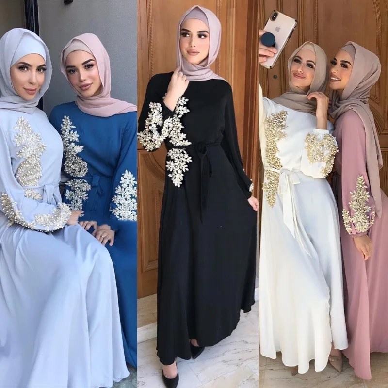 

Muslim Dress Women Muslim Fashion Lace Bead Loose Dress Arab Lady Robe Abaya Dubai Abaya Turkey Belt