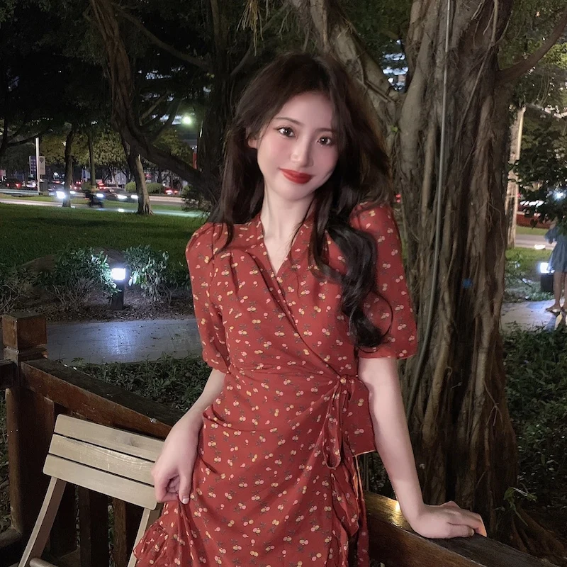 

French Floral V-neck Lace Up Short Sleeve Dress Women's Summer 2022 New Korean High Waist Slim A-line Short Skirt Bodycon Y2K