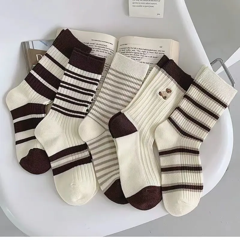 Yasuk All Season Women's Fashion Soft Print Flower All-Match Lovely Girl Casual Comfortable Socks 5Pcs Cotton Stripe Bear