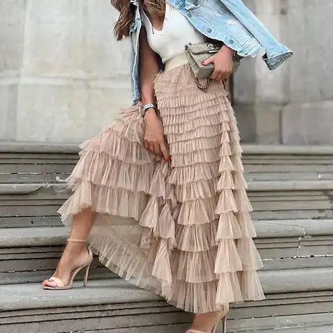 Elegant Elastic Waist Solid Cake Long Skirt 2023 Women Sexy Mesh Lace Loose Party Skirts Summer Fashion Hight Waist Beach Skirts