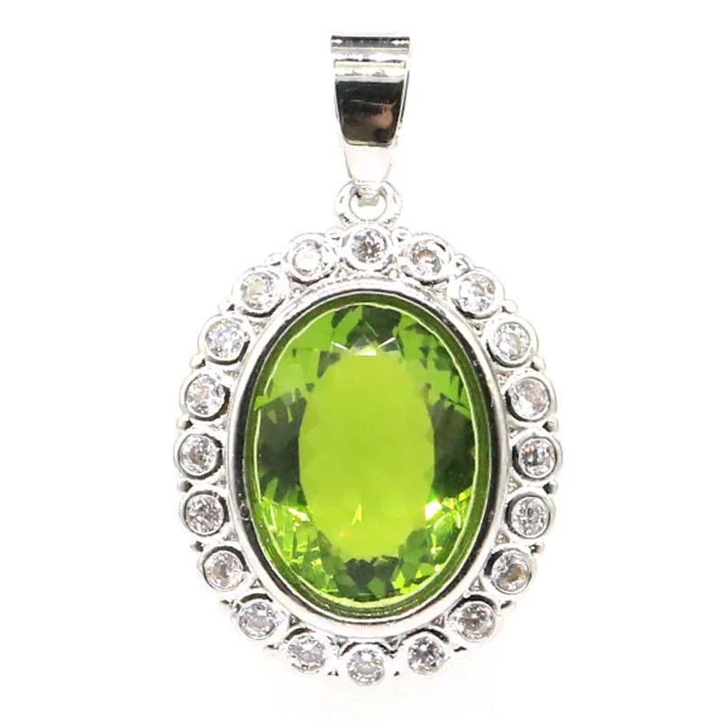 

34x20mm Pretty Oval Gemstone Green Peridot White CZ For Ladies Engagement 925 Silver Pendant
