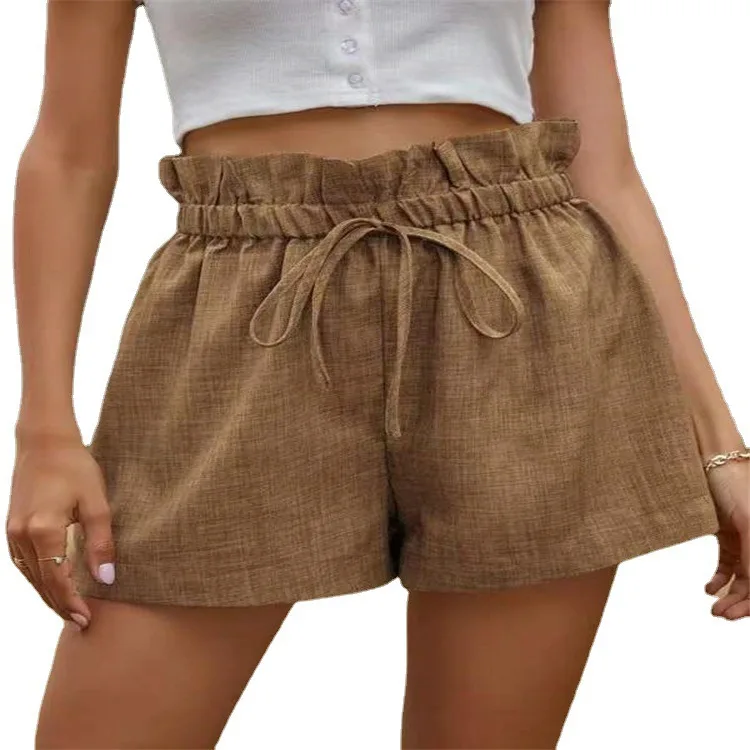 Women's Wide Leg Shorts 2023Summer New Casual Lacing High Waist Cotton and Linen Loose Solid Color Wide Leg Khaki Female Pants