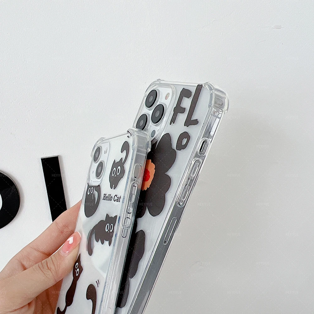 Прозрачный мягкий чехол для телефона из ТПУ с изображением черного кота и цветов