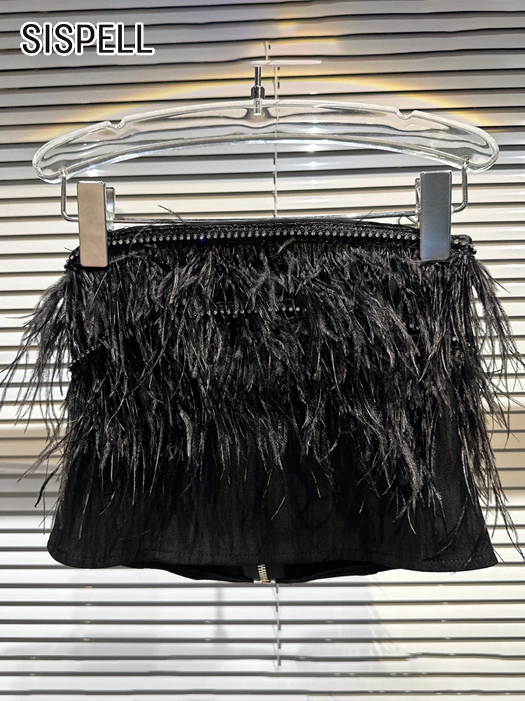 

Женский короткий топик SISPELL с перьями, с открытыми плечами, однотонный пикантный жилет в стиле пэчворк со стразами, летняя одежда, 2023