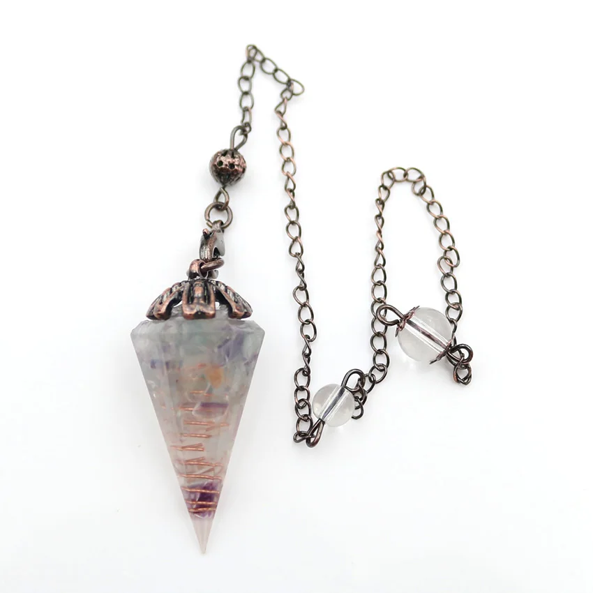 

Hexagon Cone Resin Pendulum Pendants Reiki Healing Point Pendule Dowsing Natural Fluorite Chips Gravel Stones Jewelry Making