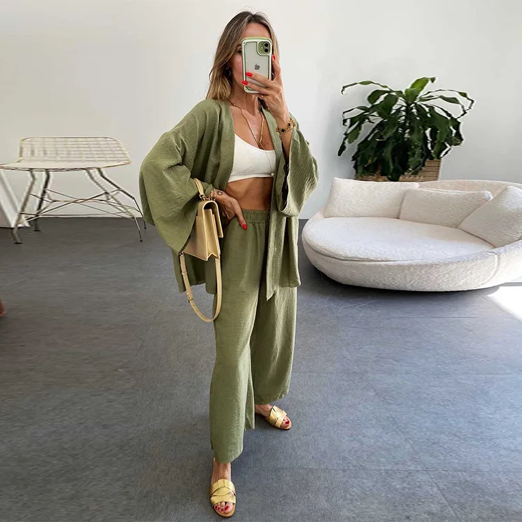 

Spring Autumn 2023 Two Piece Set Women Clothing Cotton Linen Long Sleeve Cardigan Blouses Solid Wide Leg Pants Household Suits