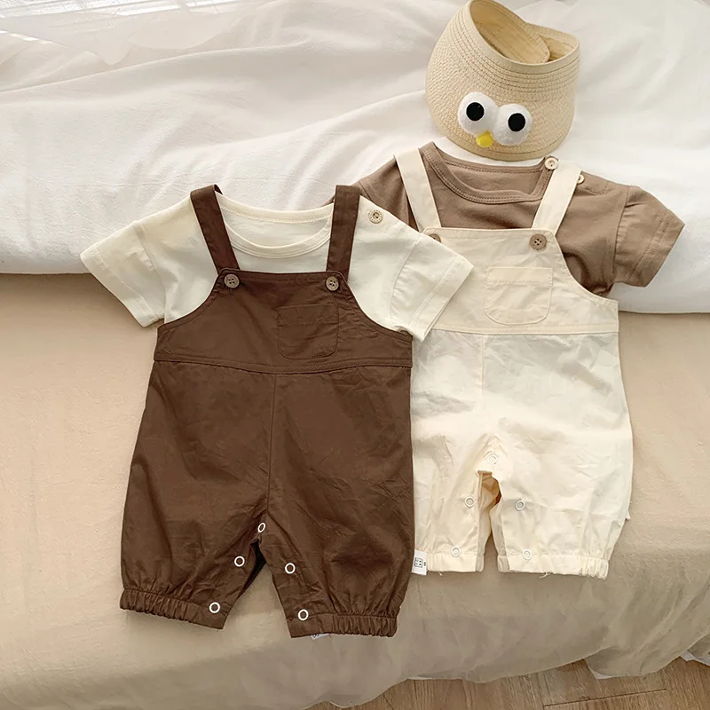 

Summer Boy Girl Baby Solid Pocket Overalls Children Casual Suspenders Jumpsuit Kid Cotton Loose Simpler Romper Infant Clothing