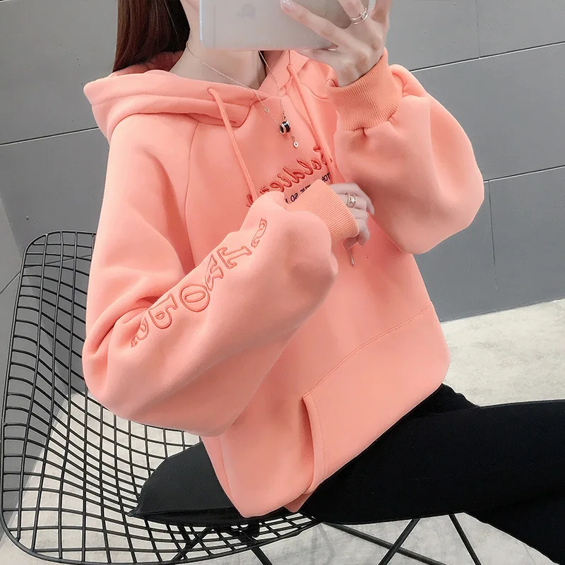 

Autumn Winter New Women Short Hoodies Plus Fleece Warm Pullovers Fashion Design Sense High Quality All-match Solid Color Tops