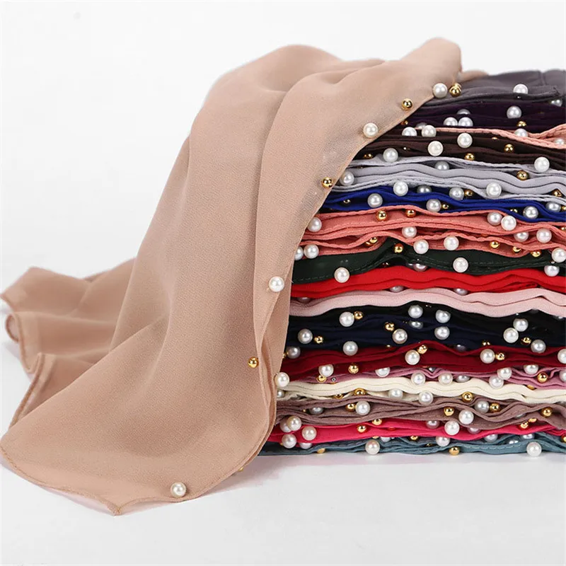 

Bubble Chiffon Scarf Plain Shawls Golded Beaded Pearl Scarf Big Solider Color Foulard Femme Hijab Muslim Scarf 20 Color 175*72cm