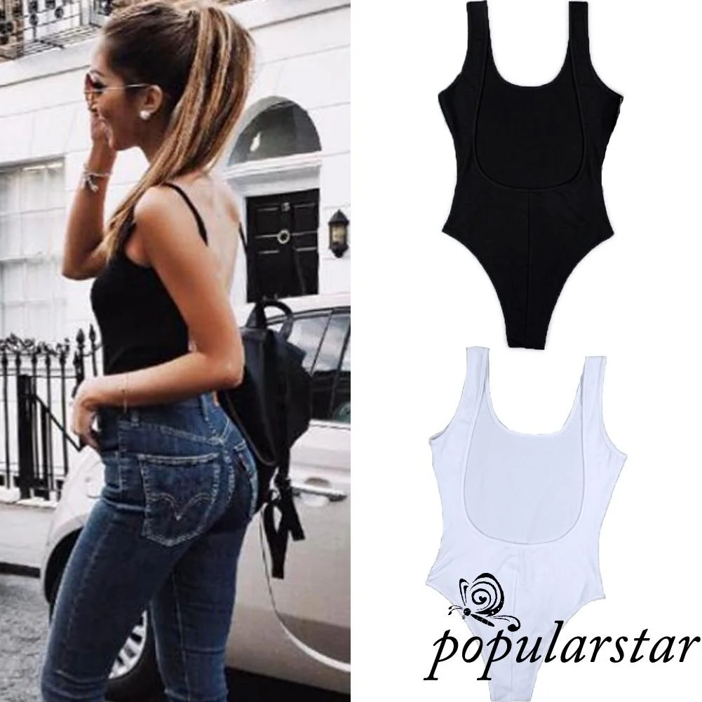 

Popu-Women Summer Sexy Jumpsuit Sleeveless Open Back Solid Color Simple Stretch Tops Rompers