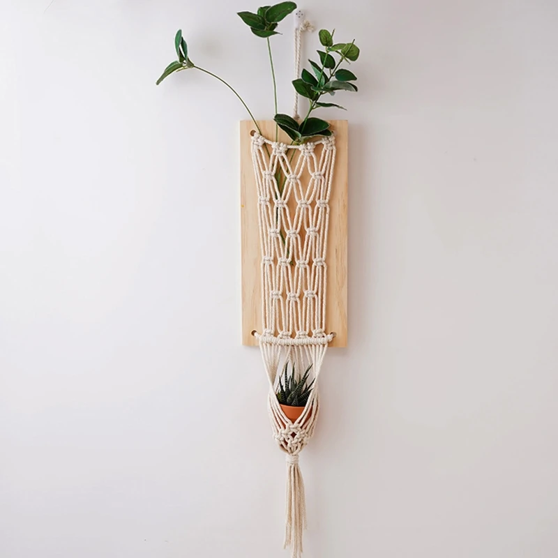 

Настенный подвесной держатель для сухих цветов макраме с деревянной доской, богемная ручная работа, вешалка для растений, посадочная корзи...