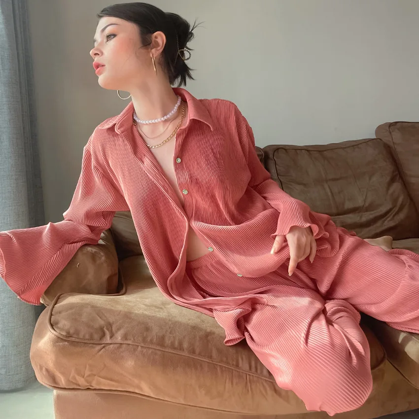 Women's Pajamas 2 Piece Set French Style Long Sleeve Button Pleated Solid Lapel Shirt Loose Pants Lounge Wear Women Nightwear