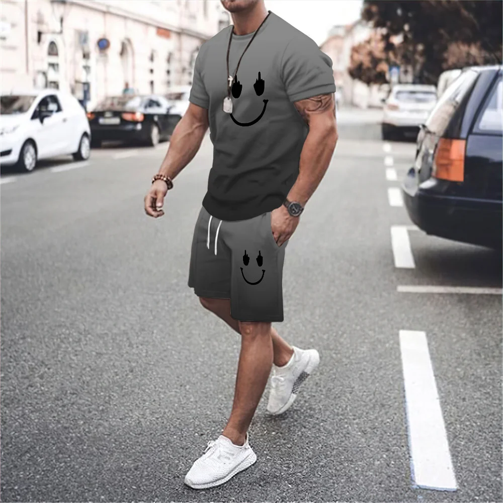 Summer Men's Tracksuit Smiling Print T-Shirt Shorts Outdoor Outfit Fashion Suit Male Casual Stylish 2 Pieces Set Streetwear