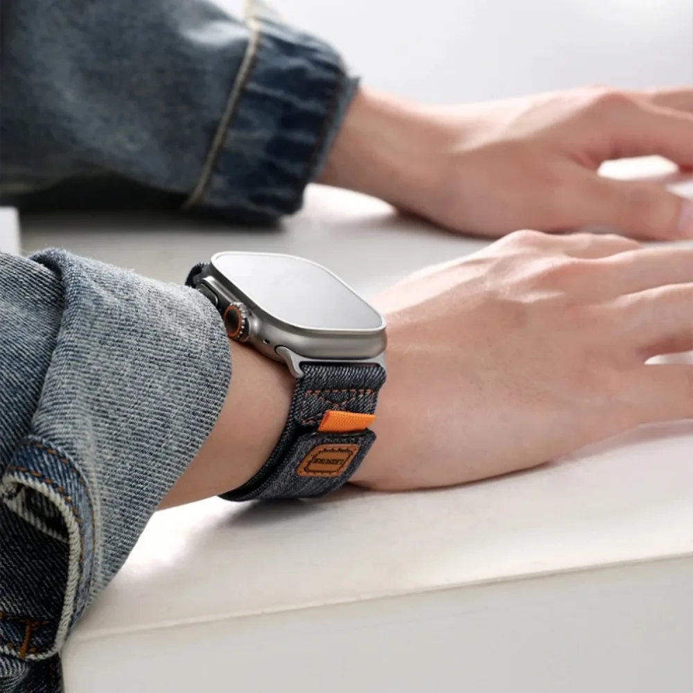 Ремешок нейлоновый для Apple Watch Band Ultra 49 мм Series 10 9 8 7 46 42 45 41 браслет из денима