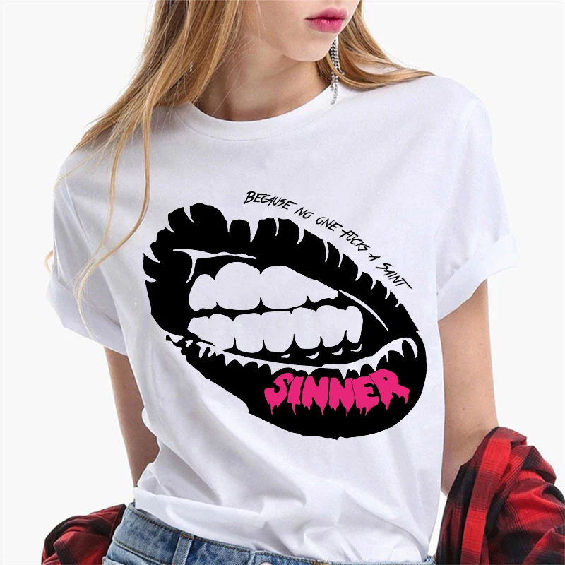 

Футболка женская с принтом губ, модная тенниска с коротким рукавом, забавная Милая майка, топ, лето