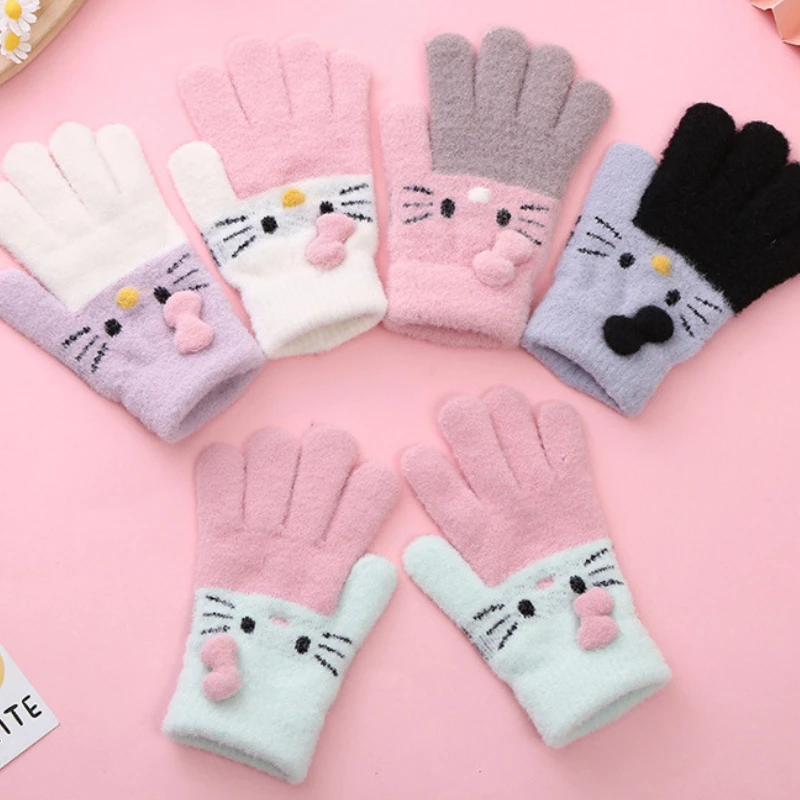 Sanrio Hello Kitty Вязаные Перчатки Для Девочек Kawaii Мягкие Теплые Варежки Детского