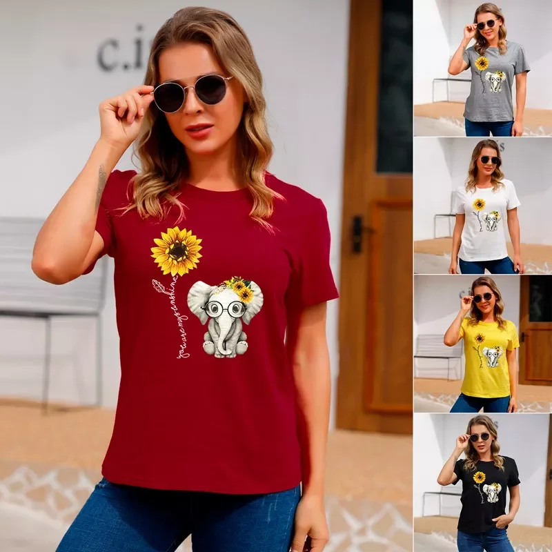 

NEW 2023 2020 Elephant Sunflower Print Tshirt Women Short Sleeve O Neck Tee Tops For Female Cartoon Cute t-shirts Femme Clothin