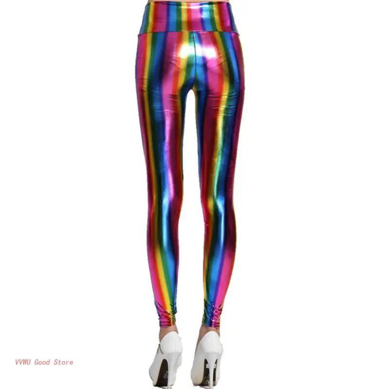 

Womens Hologram Metallic Rainbow Leggings Glitter Neon Tights Stripes Printed Hi