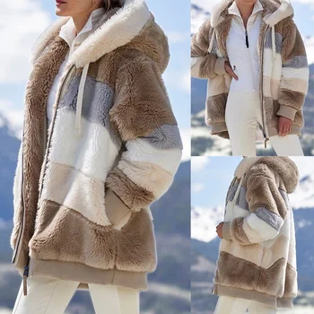 2022 Autumn Winter Faux Fur Women's Coat Warm Plush Patchwork Zipper Pocket Hooded Loose Patchwork Striped Coat Women Jacket 1