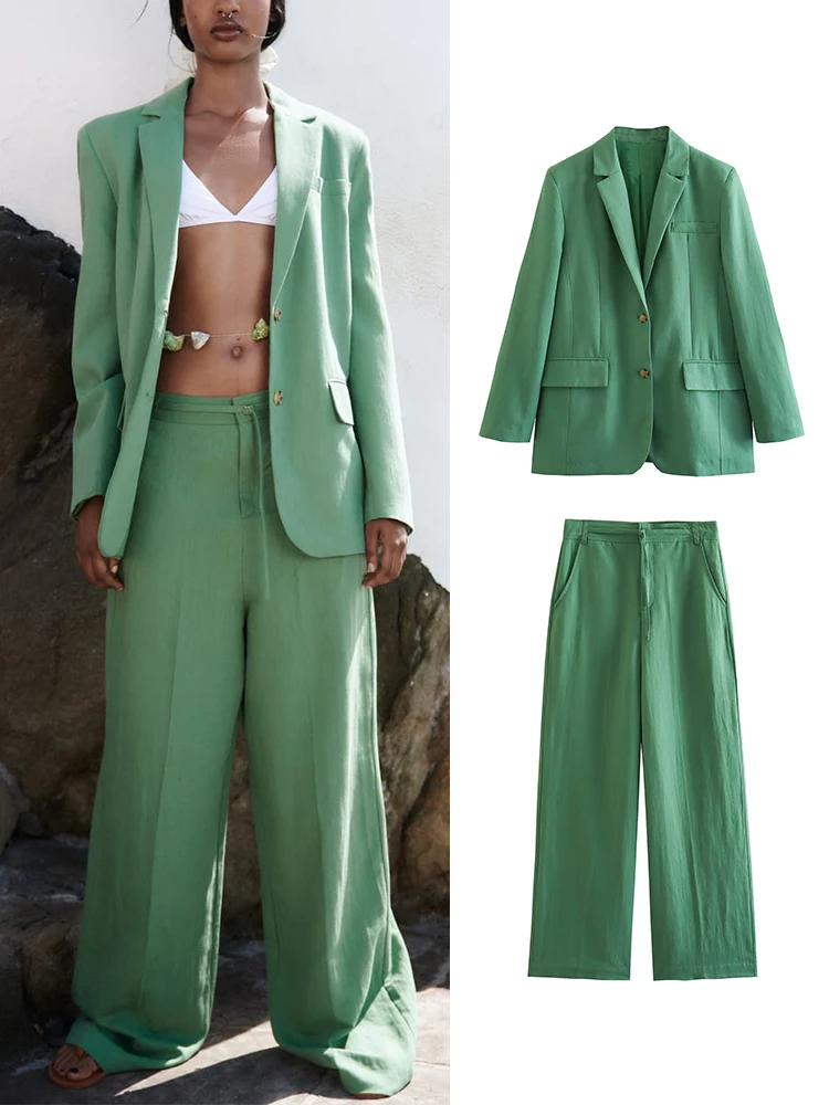 

Женский брючный костюм, комплект из двух предметов, новый зеленый офисный пиджак, пальто и брюки, женские весенние костюмы из смешанного льна 2023